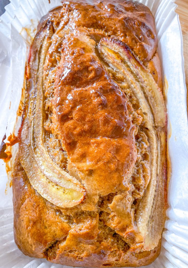 banana and walnut bread loaf in a bread loaf tin
