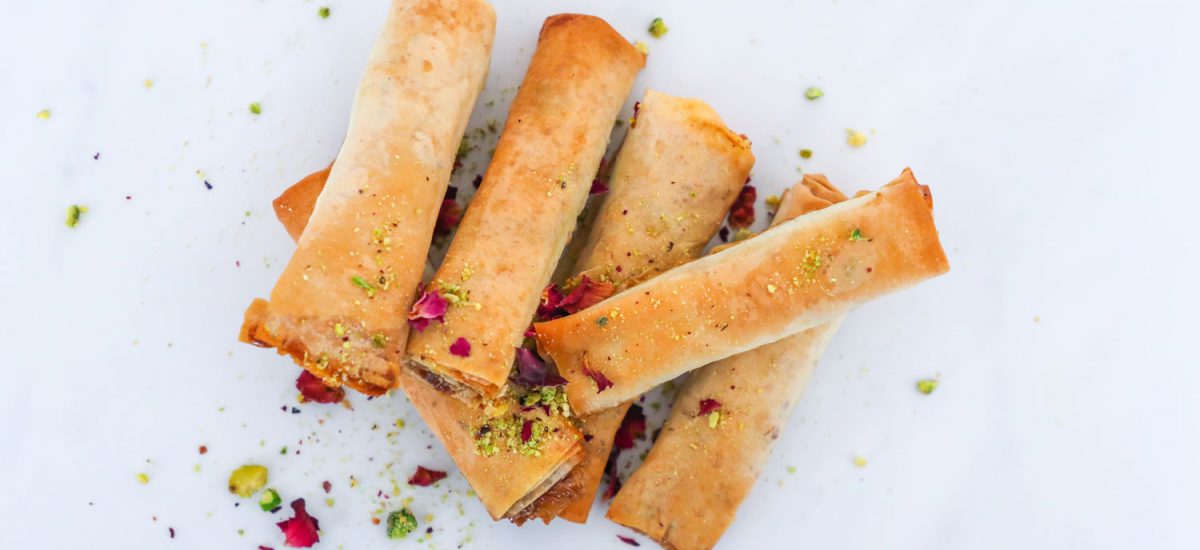 Rose jam ,pistachios and almond filled filo pastry rolls