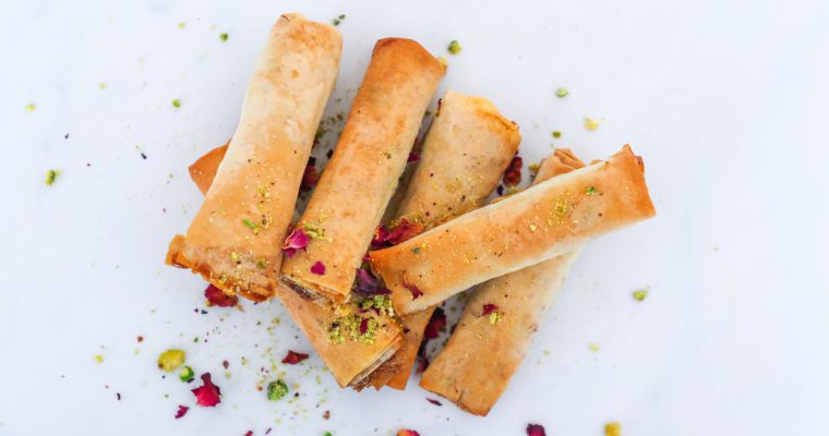 Rose jam ,pistachios and almond filled filo pastry rolls