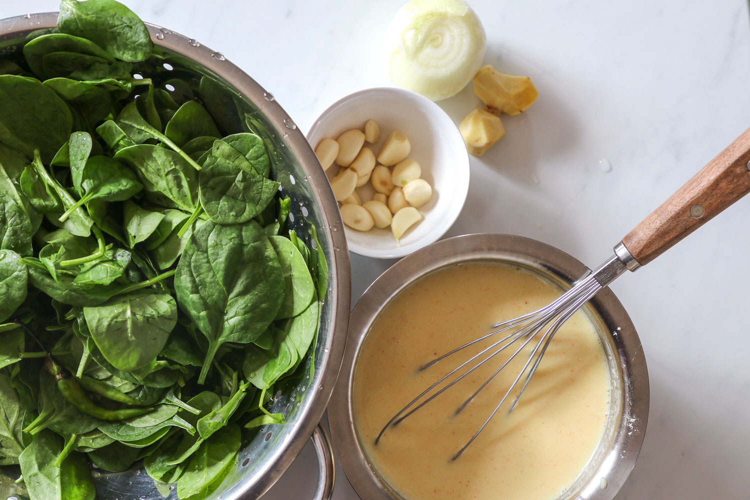 Ingredients for cooking garlic spinach kadhi or lehsuni palak kadhi