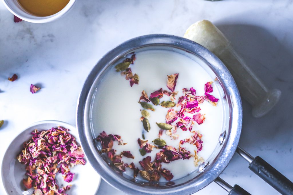 Milk infused with roses and cardamoms