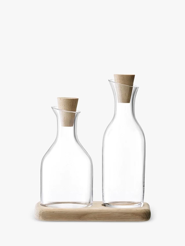 Oil & Vinegar Glass Bottle Pourers with Oak Wood Base