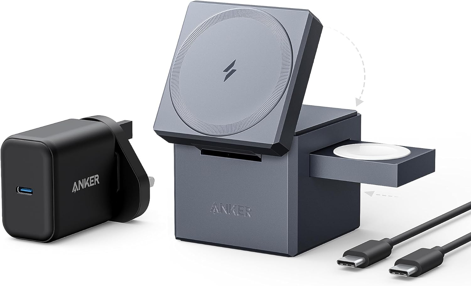 Anker 3-in-1 Cube Compatible with MagSafe - 15W Fast Charging, Foldable Wireless Charge Station for Apple Watch and iPhone