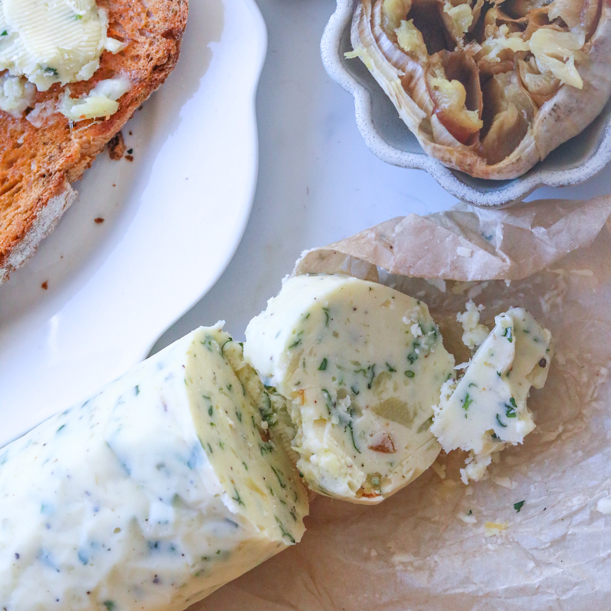 roasted garlic butter with garlic butter bread